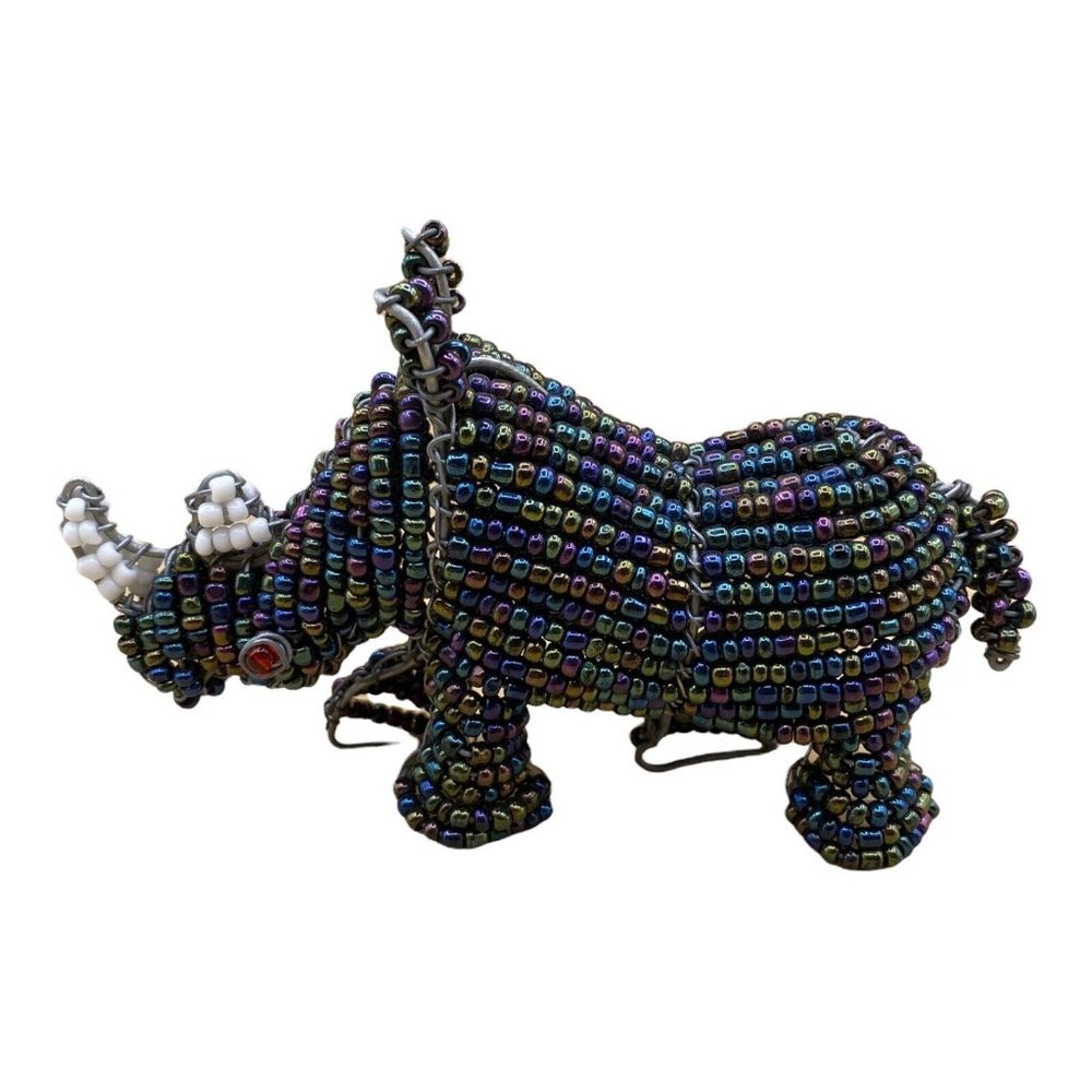 Glass Beads & Wire Dark Blue Purple African Rhino 3” Tall Mini Figurine